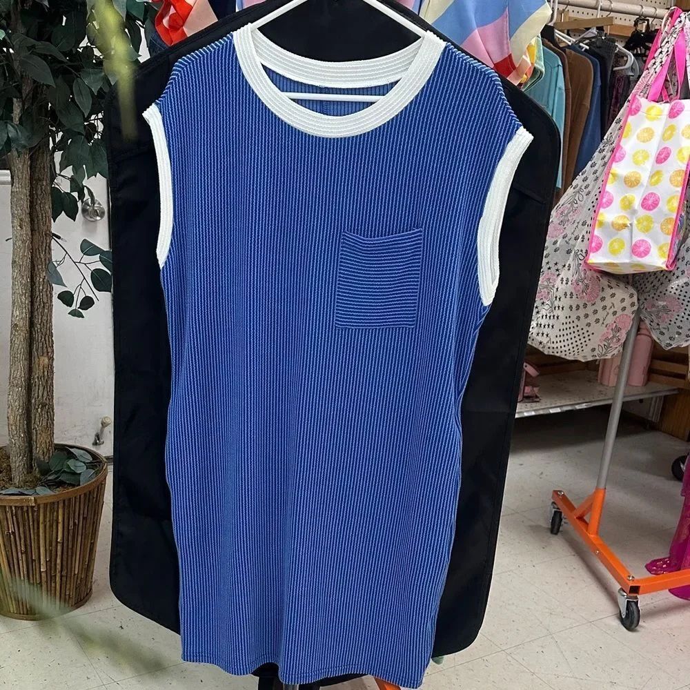 Striped Blue and White Sleeveless Midi Dress